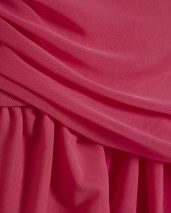 Pink Sleeveless Mesh Ruched Top
