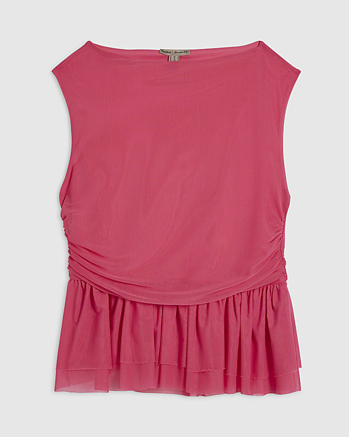 Pink Sleeveless Mesh Ruched Top