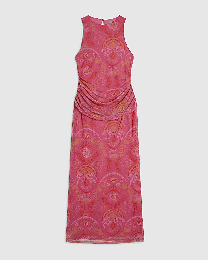 Pink Sleeveless Drape Midi Dress