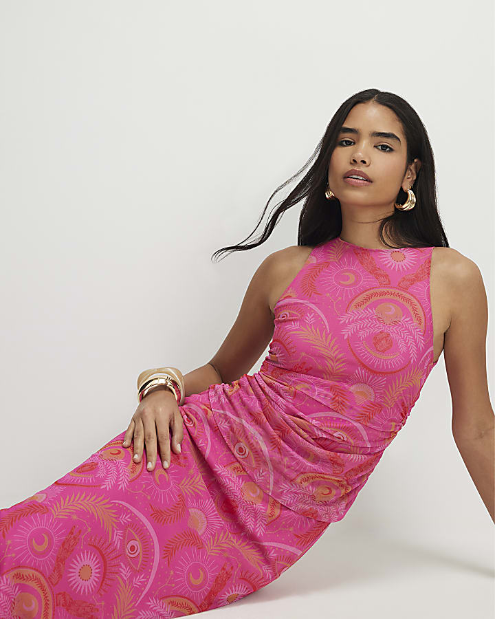 Pink Sleeveless Drape Midi Dress