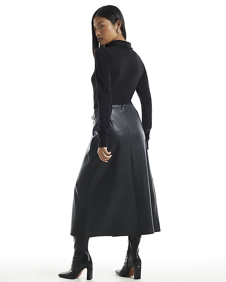 Petite Black Faux Leather Buckle Wrap Skirt