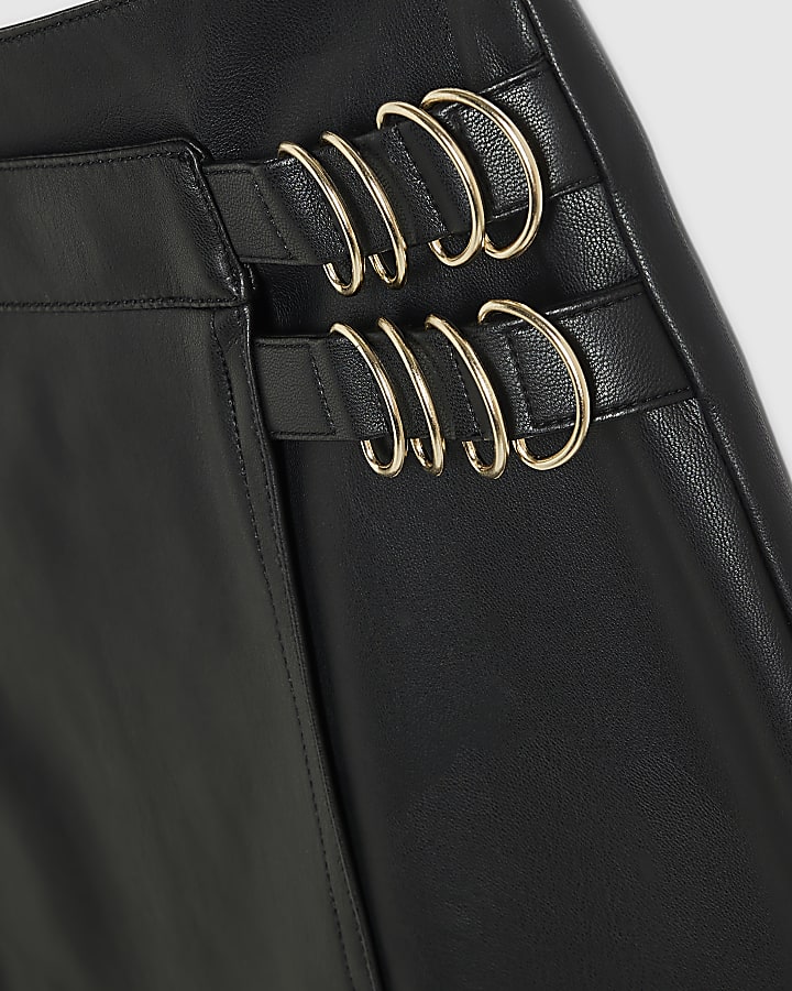 Petite Black Faux Leather Buckle Wrap Skirt