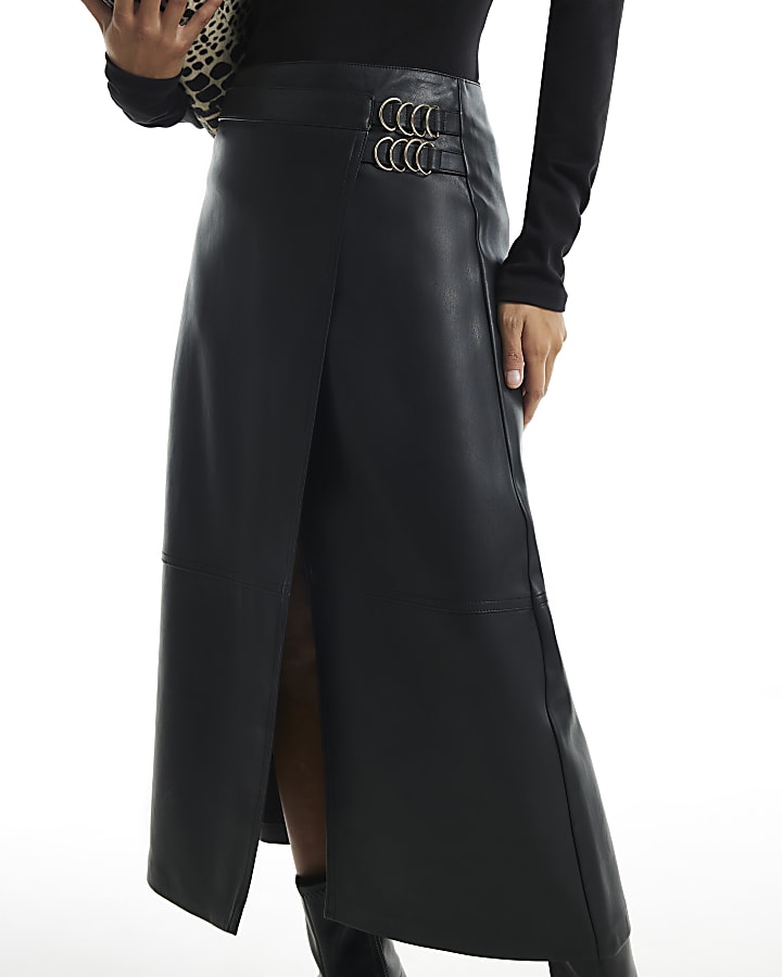 Petite Black Faux Leather Buckle Wrap Skirt