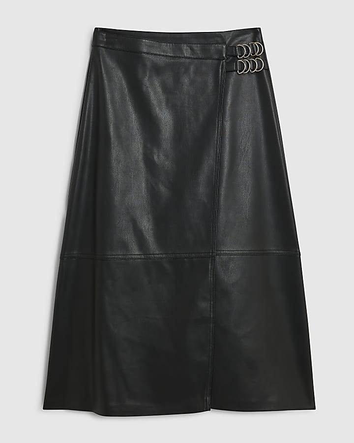 Petite Black Faux Leather Buckle Wrap Skirt