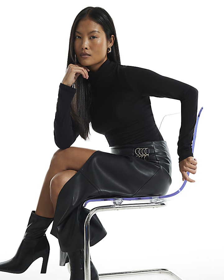 Petite Black Faux Leather Buckle Wrap Skirt