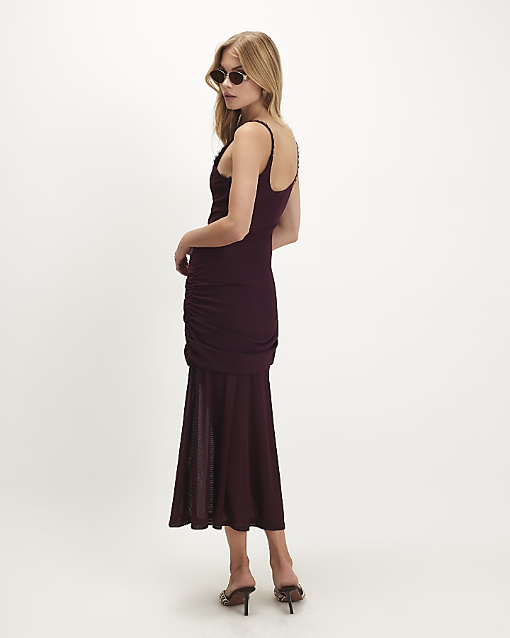 Red Lace Trim Drape Midi Dress