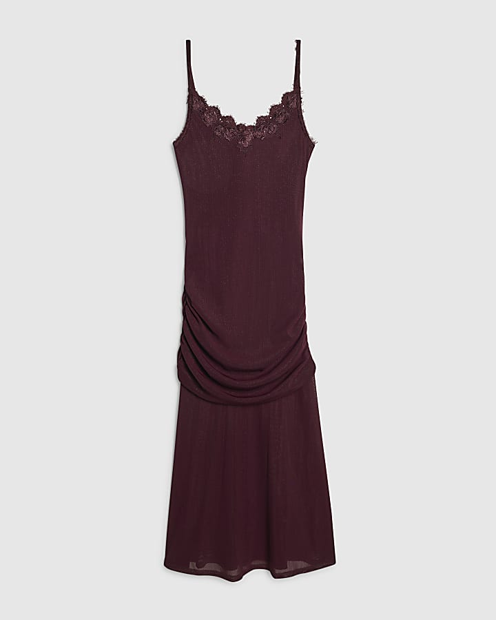 Red Lace Trim Drape Midi Dress