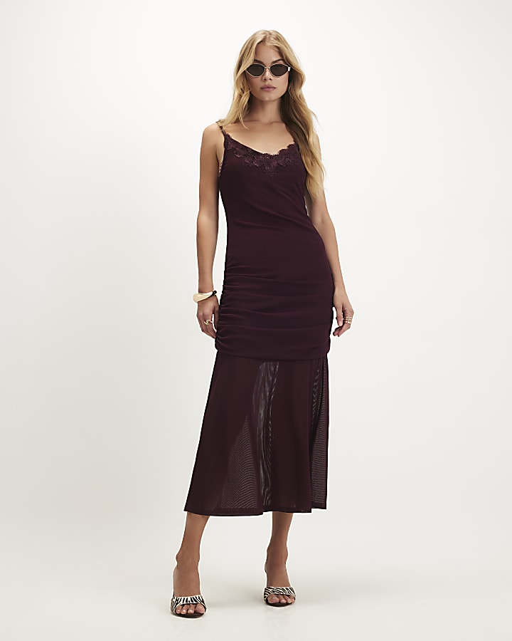 Red Lace Trim Drape Midi Dress