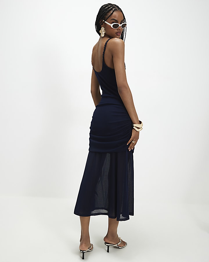 Navy Lace Trim Drape Midi Dress