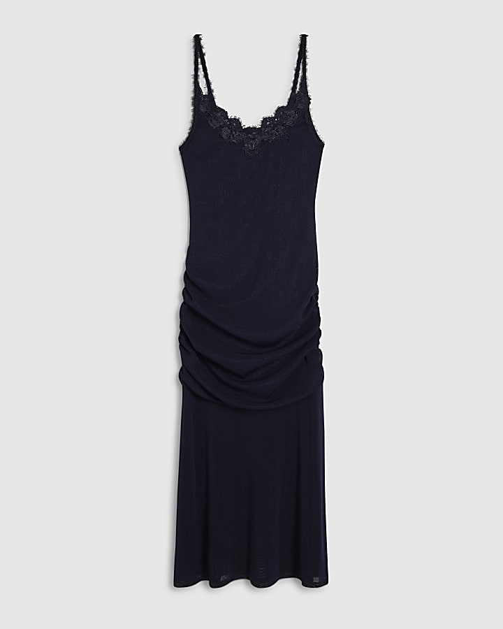 Navy Lace Trim Drape Midi Dress