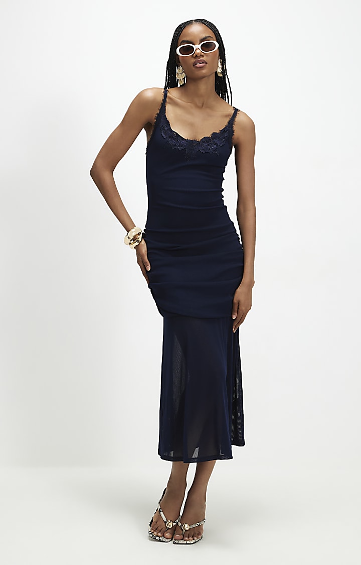 Navy Lace Trim Drape Midi Dress