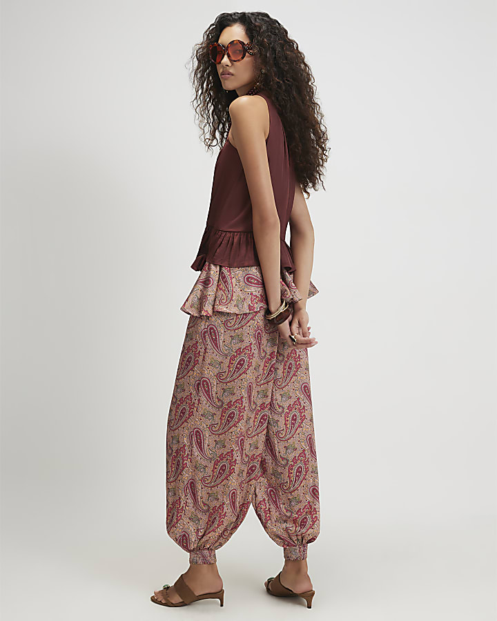 Red Paisley Satin Balloon Trousers