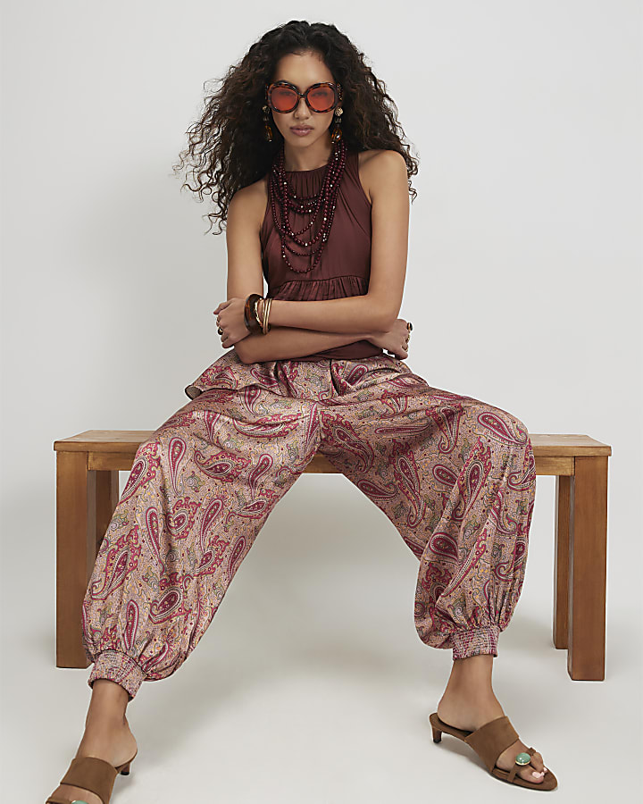 Red Paisley Satin Balloon Trousers