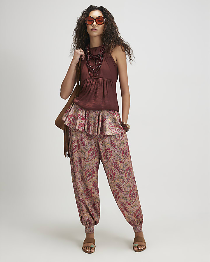 Red Paisley Satin Balloon Trousers
