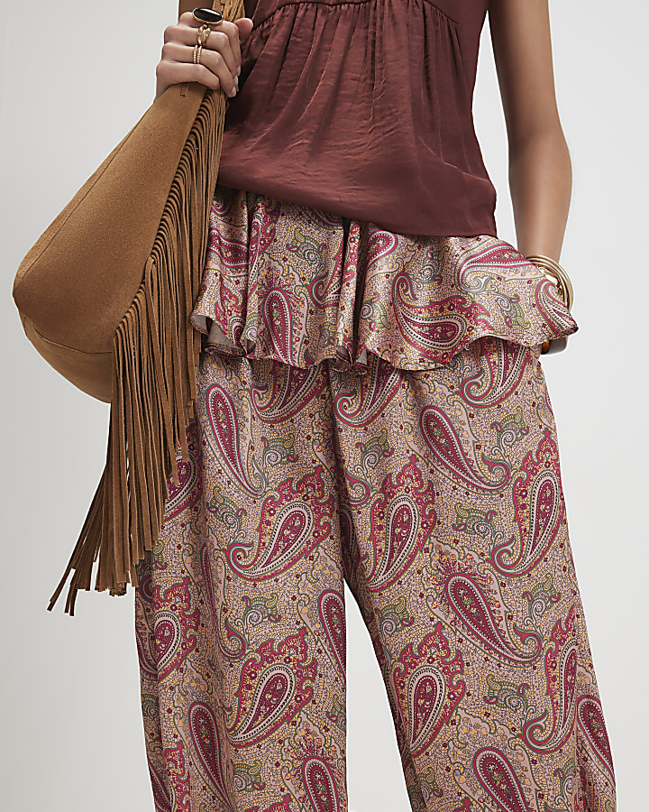 Red Paisley Satin Balloon Trousers