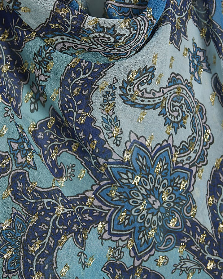 Blue Paisley Metallic Drape Tie Top