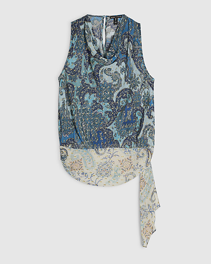 Blue Paisley Metallic Drape Tie Top