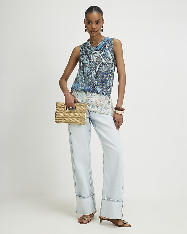 Blue Paisley Metallic Drape Tie Top