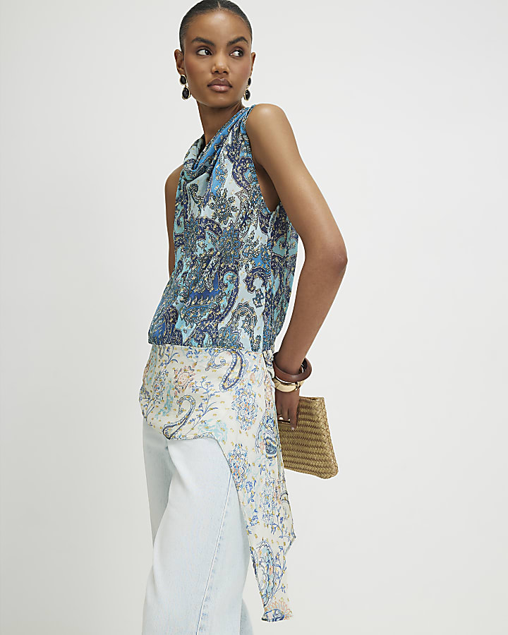 Blue Paisley Metallic Drape Tie Top