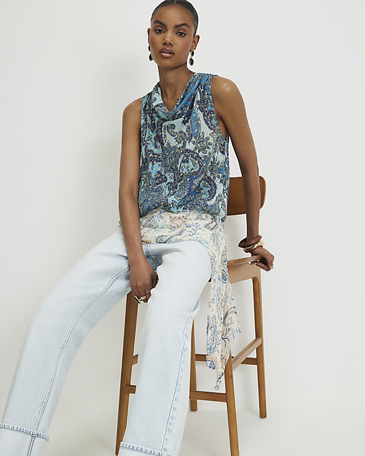 Blue Paisley Metallic Drape Tie Top