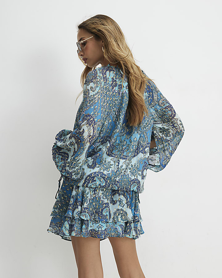 Blue Paisley Metallic Mini Dress