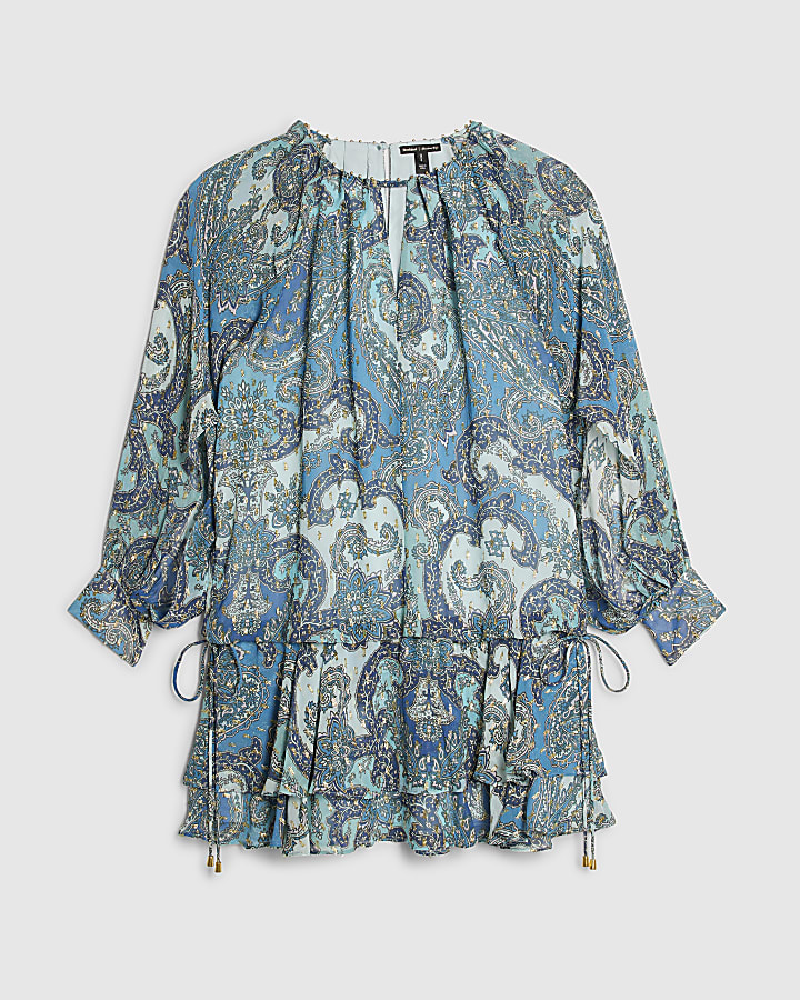 Blue Paisley Metallic Mini Dress