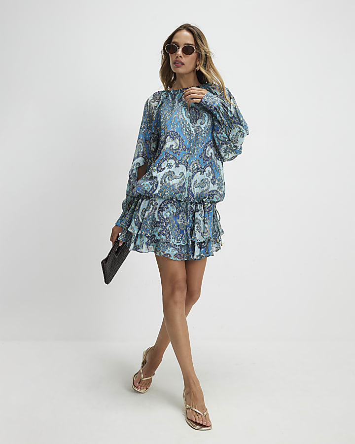Blue Paisley Metallic Mini Dress