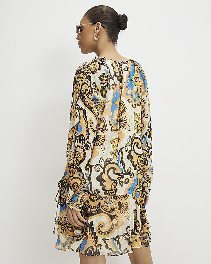 Cream Paisley Metallic Mini Dress
