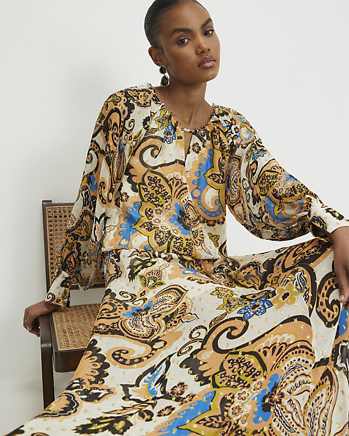 Cream Paisley Metallic Maxi Dress