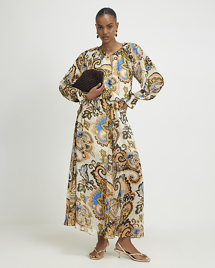 Cream Paisley Metallic Maxi Dress