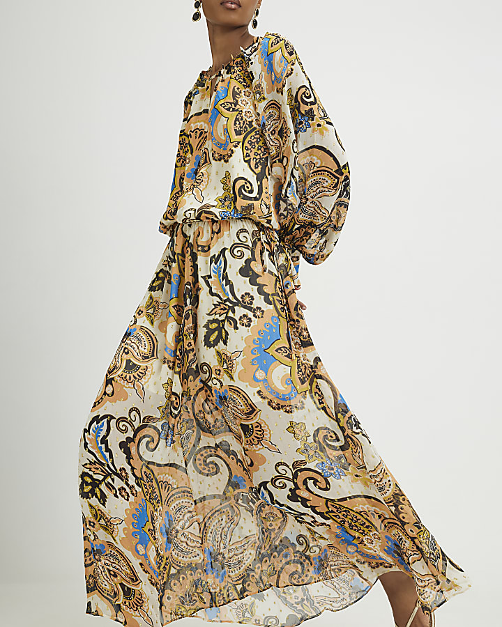 Cream Paisley Metallic Maxi Dress