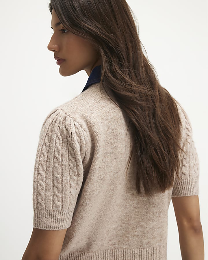 Beige Cable Knit Hybrid Polo Top