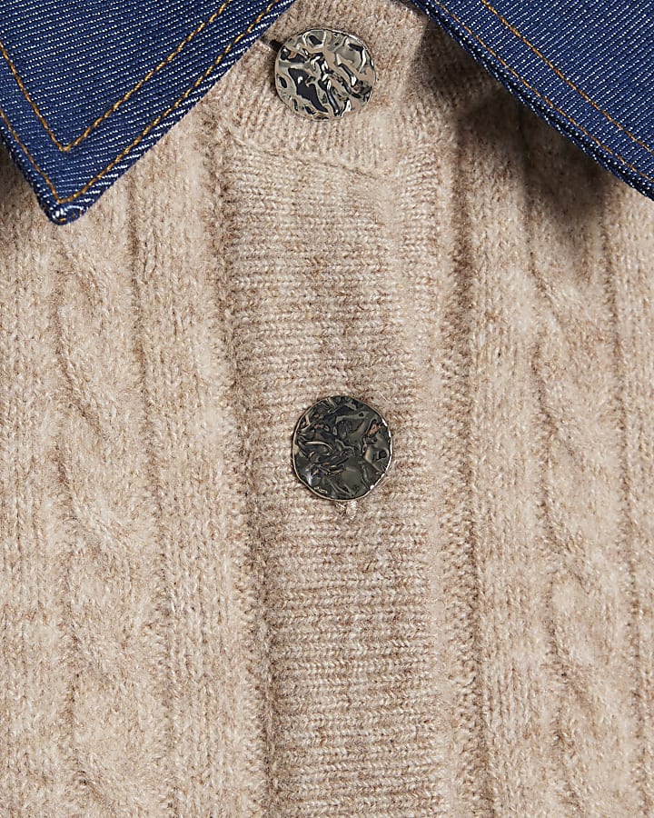Beige Cable Knit Hybrid Polo Top