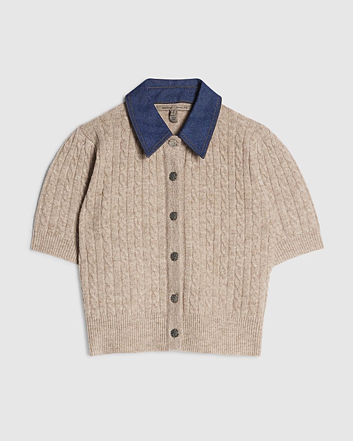 Beige Cable Knit Hybrid Polo Top