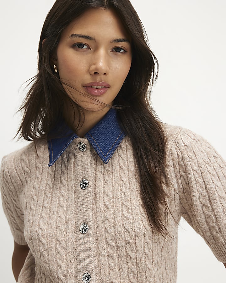 Beige Cable Knit Hybrid Polo Top