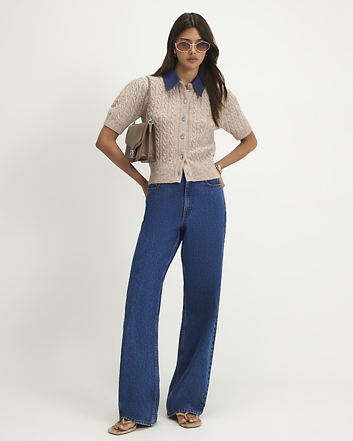 Beige Cable Knit Hybrid Polo Top