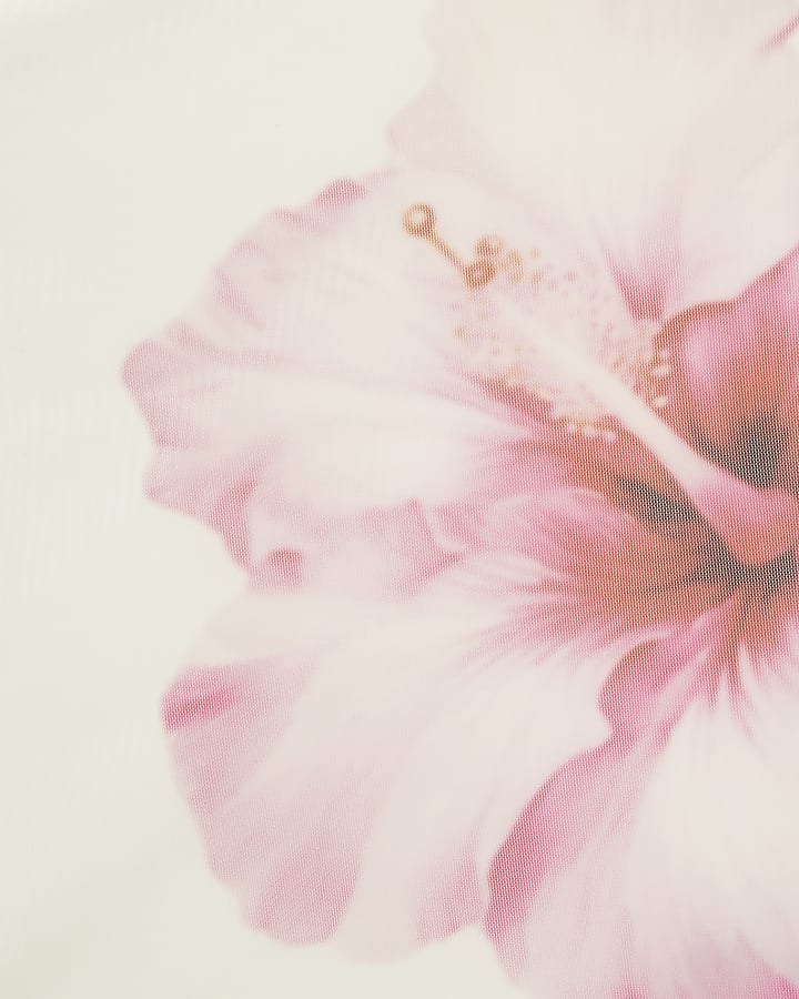 White Mesh Floral Print Top