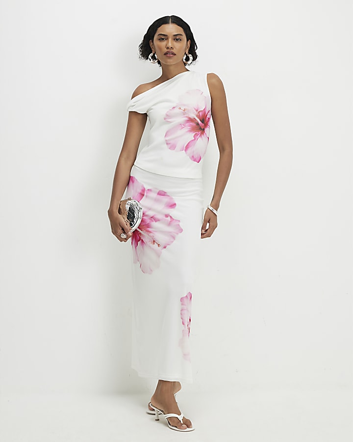 White Mesh Floral Print Top