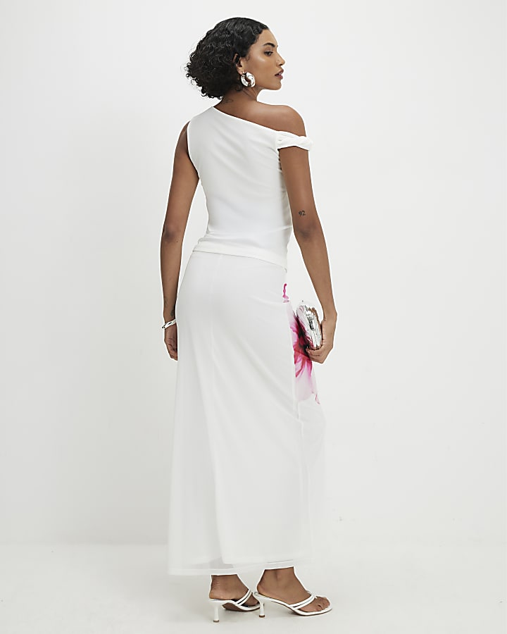 White Mesh Floral Print Maxi Skirt