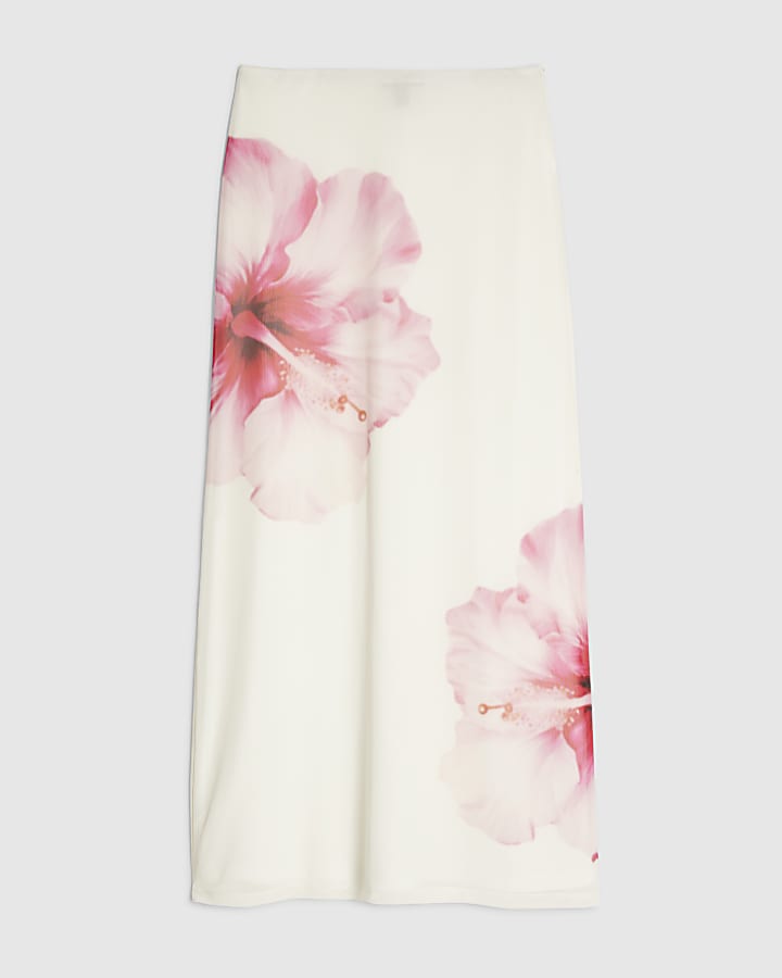 White Mesh Floral Print Maxi Skirt
