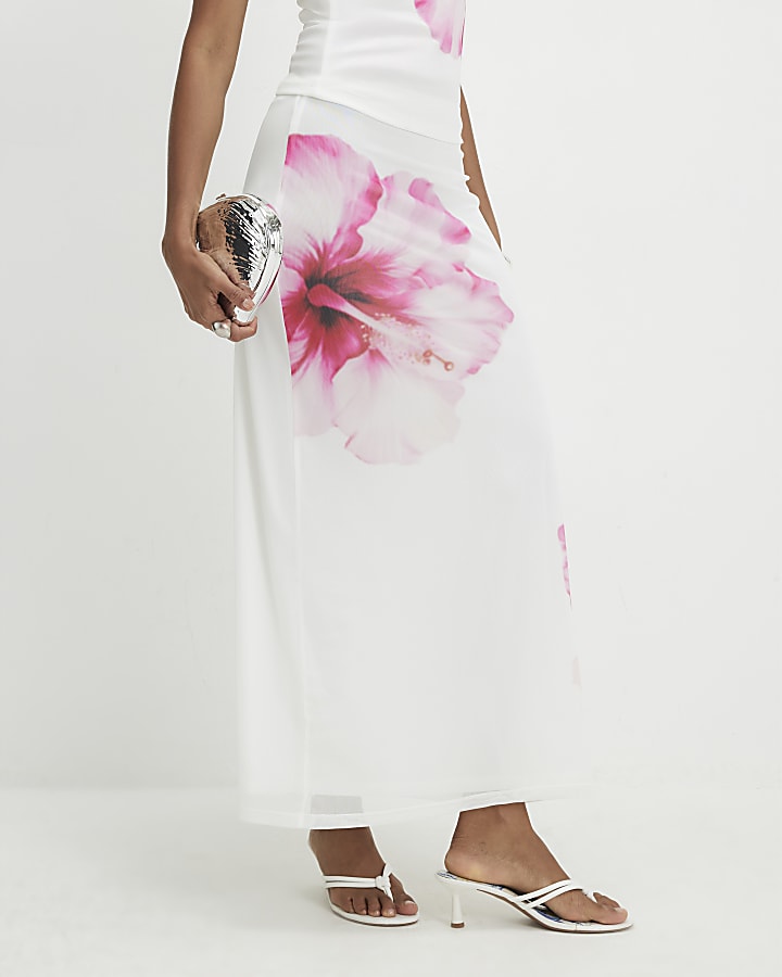 White Mesh Floral Print Maxi Skirt