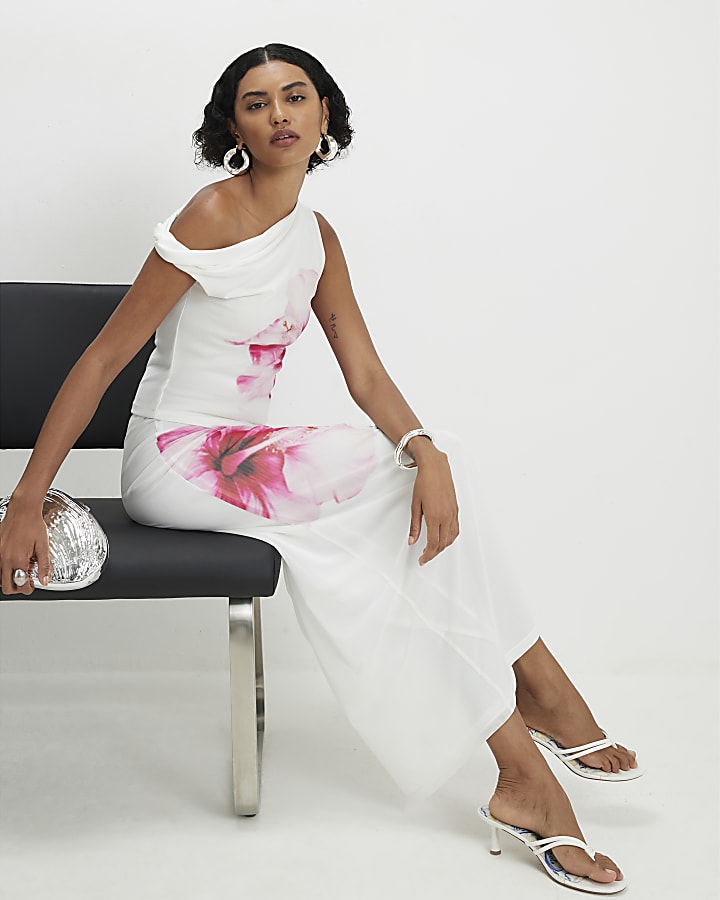 White Mesh Floral Print Maxi Skirt