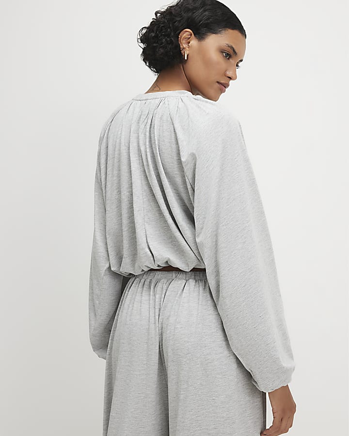 Grey Long Sleeve Ruched Bubble Hem Top