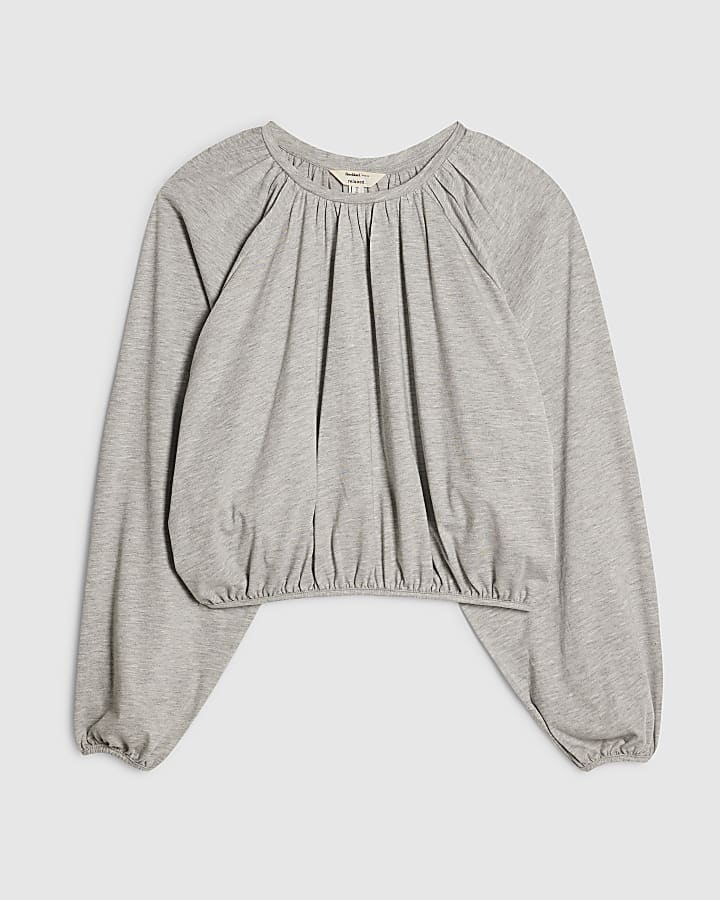 Grey Long Sleeve Ruched Bubble Hem Top