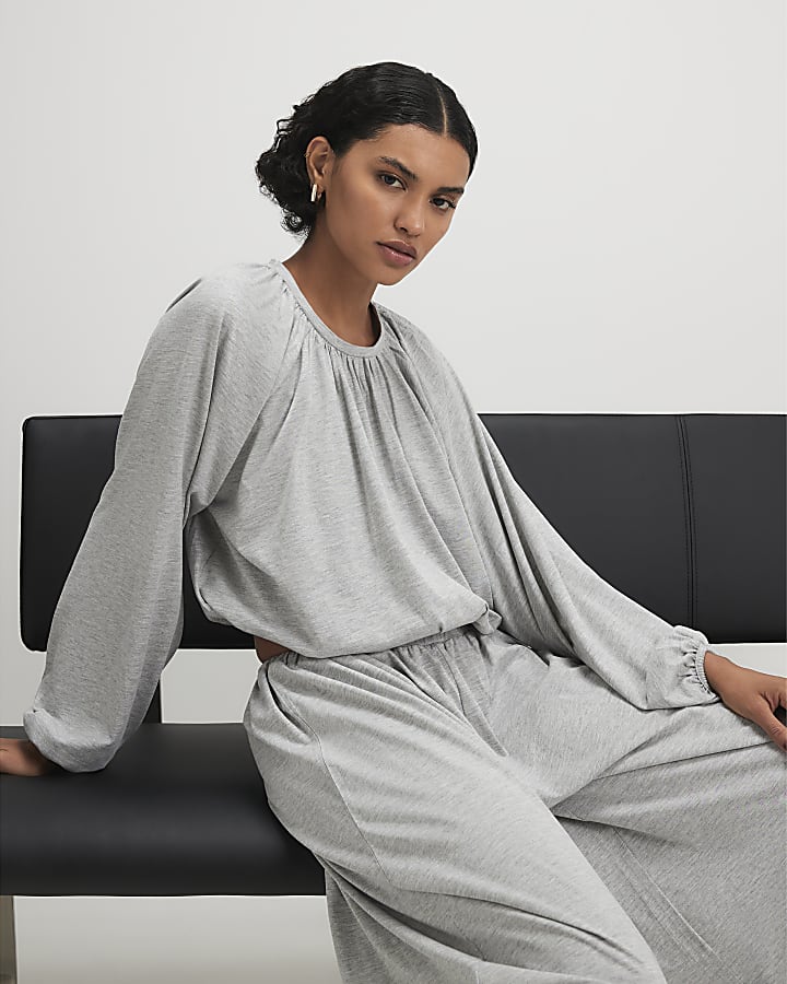 Grey Long Sleeve Ruched Bubble Hem Top
