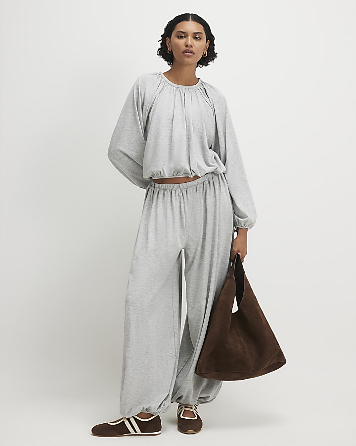 Grey Long Sleeve Ruched Bubble Hem Top