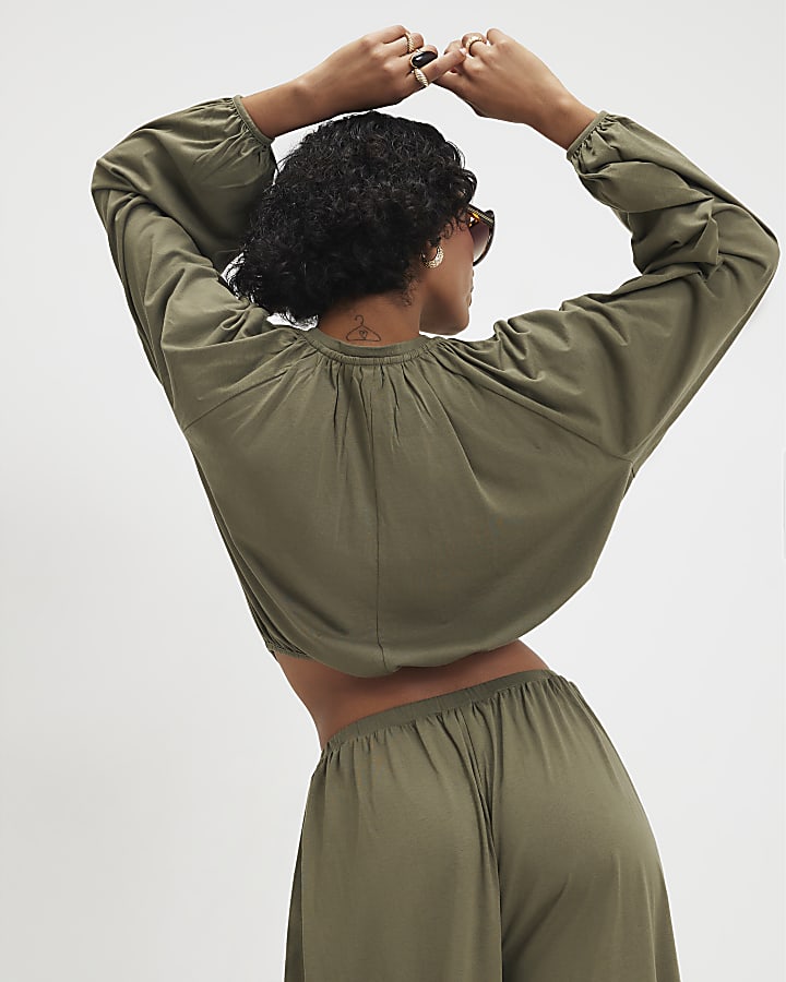 Khaki Cotton Blend Long Sleeve Bubble Hem Top
