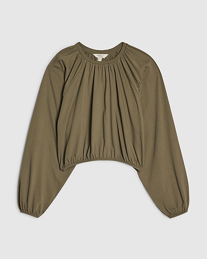 Khaki Cotton Blend Long Sleeve Bubble Hem Top