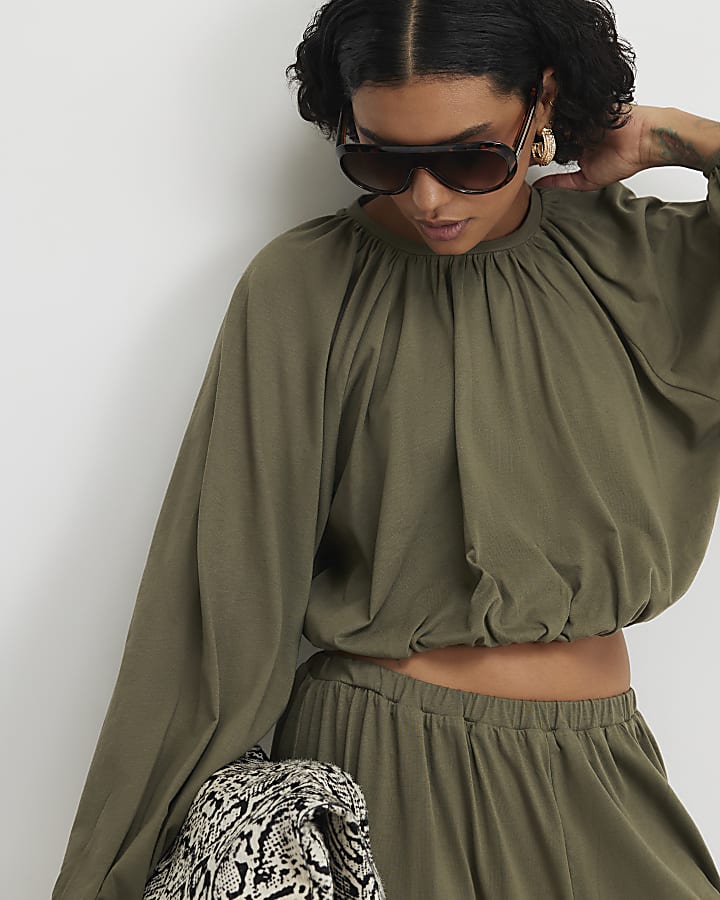 Khaki Cotton Blend Long Sleeve Bubble Hem Top