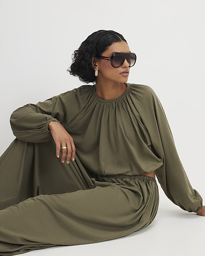 Khaki Cotton Blend Long Sleeve Bubble Hem Top
